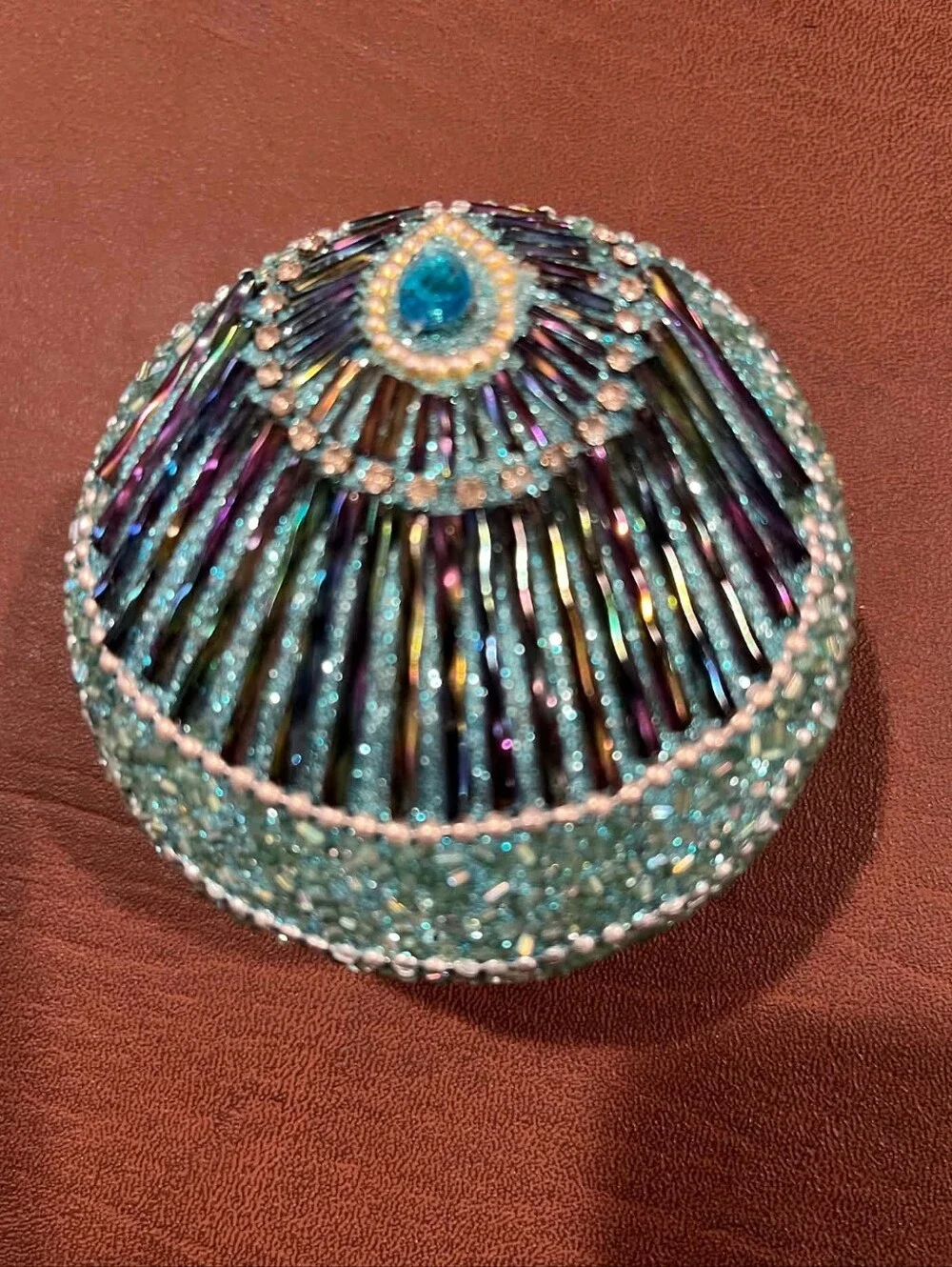 Sparkling Aqua Peacock Theme Beaded Bracelet Ring Jewelry Box Accent